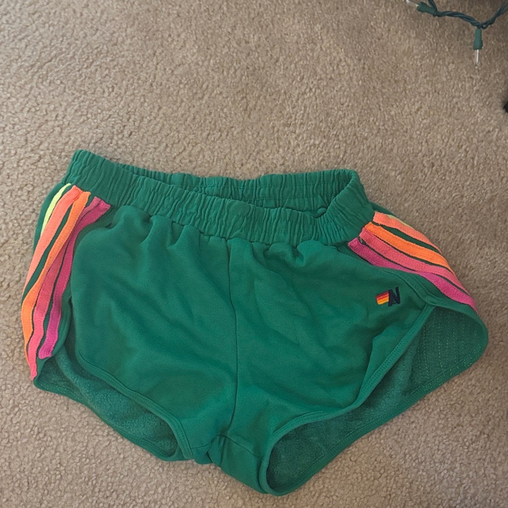 Aviator Nation Green Shorts with Pink and Orange Stripes